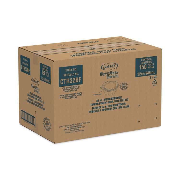 DART SafeSeal Tamper-Resistant, Tamper-Evident Bowls with Flat Lid, 32 oz, 7" Diameter x 3.2" h, Clear, Plastic, 150/Carton (DCCCTR32BF) thumbnail 2