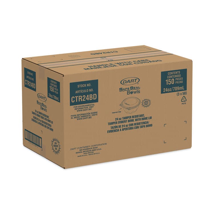 DART SafeSeal Tamper-Resistant, Tamper-Evident Bowls with Dome Lid, 24 oz, 7" Diameter x 3.1" h, Clear, Plastic, 150/Carton (DCCCTR24BD) thumbnail 2