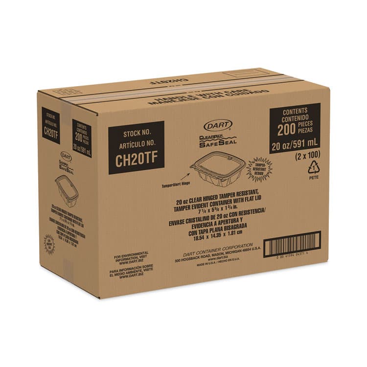 DART ClearPac SafeSeal Tamper-Resistant, Tamper-Evident Containers, Tall, Flat Lid, 20 oz, Clear, Plastic, 200/Carton (DCCCH20TF) thumbnail 2
