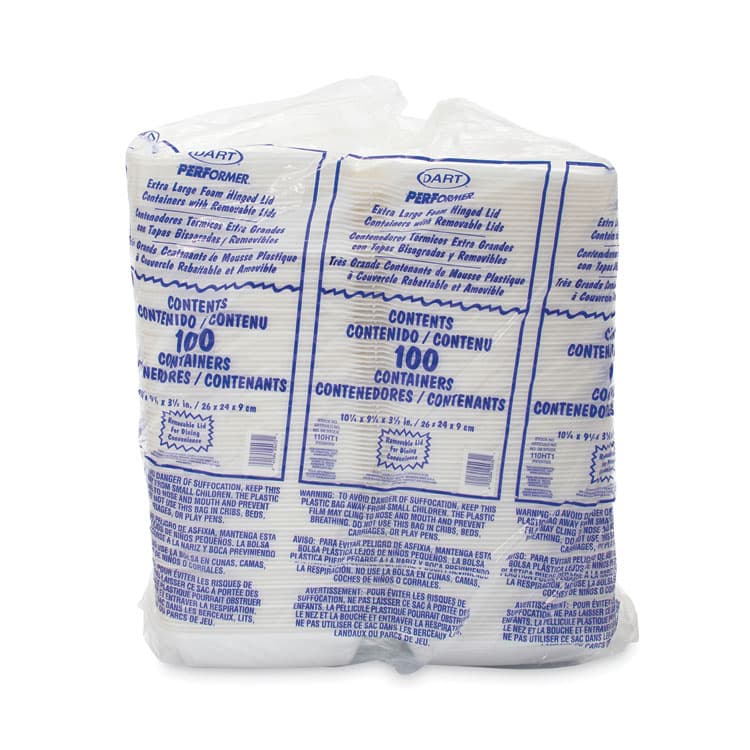 DART Hinged Lid Carryout Container, 9.5 x 10.33 x 3.5, White, Foam, 100/Bag, 2 Bags/Carton (DCC110HT1) thumbnail 3