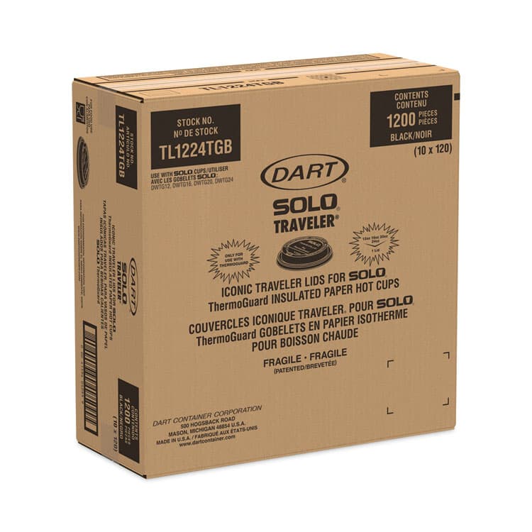 DART Solo Traveler Sip Through Lids for ThermoGuard Hot Cups, Fits 12 oz to 24 oz Hot Cups, Plastic, Black, 1,200/Carton (DCCTL1224TGB) thumbnail 2