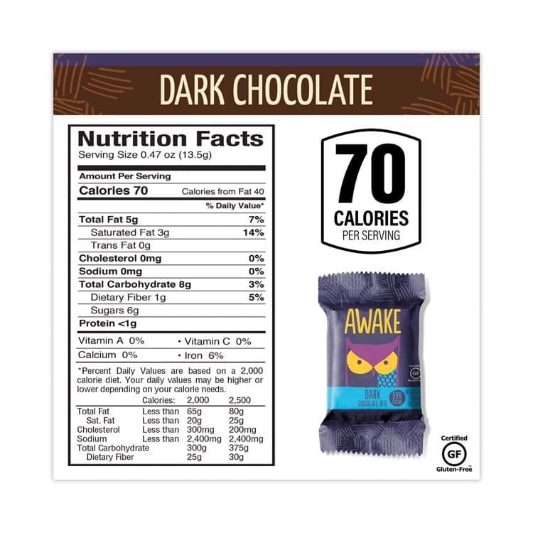 AWAKE Caffeinated Dark Chocolate Bites, 0.47 oz Bars, 50 Bars/Carton (GRR30700314) thumbnail 3