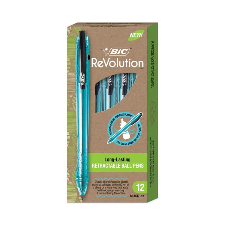BIC CORP. ReVolution Ocean Bound Ballpoint Pen, Retractable, Medium 1 mm, Black Ink, Translucent Blue Barrel, Dozen (BICBPRR11BK) thumbnail 4