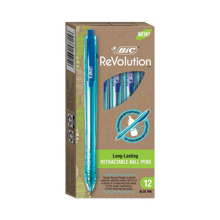 BIC CORP. ReVolution Ocean Bound Ballpoint Pen, Retractable, Medium 1 mm, Blue Ink, Translucent Blue Barrel, Dozen (BICBPRR11BE) thumbnail 4