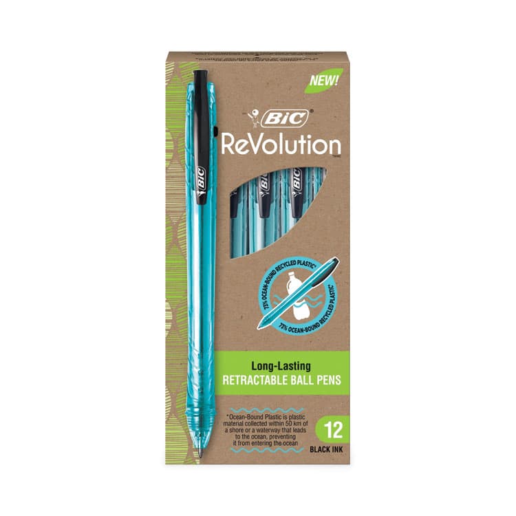 BIC CORP. ReVolution Ocean Bound Ballpoint Pen, Retractable, Medium 1 mm, Black Ink, Translucent Blue Barrel, Dozen (BICBPRR11BK) thumbnail 2