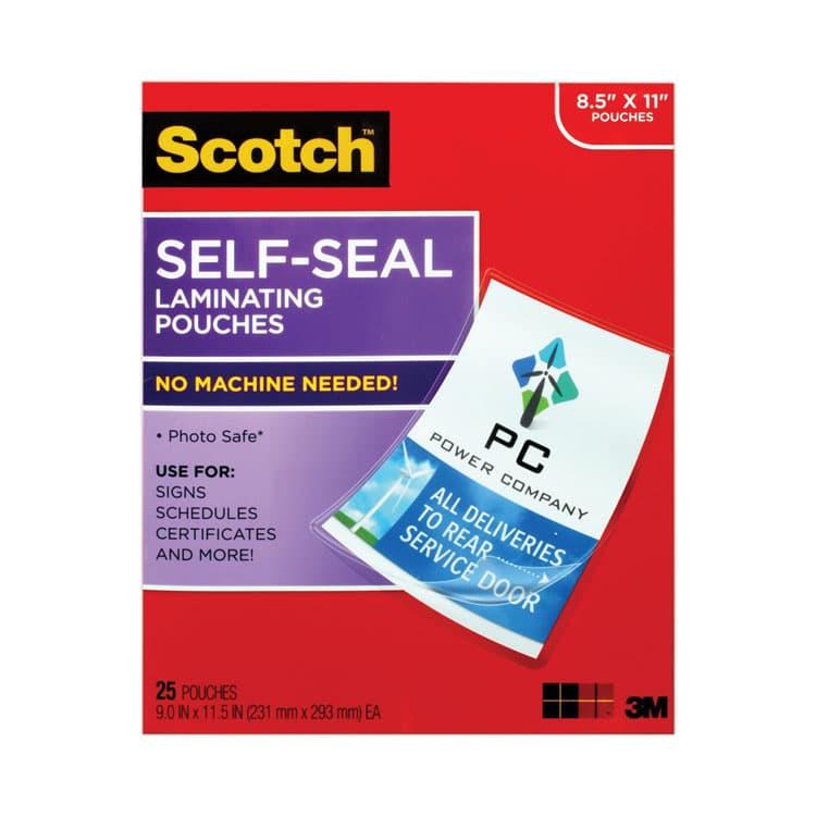 3M/COMMERCIAL TAPE DIV. Self-Sealing Laminating Pouches, 9.5 mil, 9" x 11.5", Gloss Clear, 25/Pack (MMMLS85425G)