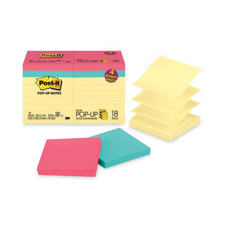 3M/COMMERCIAL TAPE DIV. Original Pop-up Notes Value Pack, 3 x 3, (14) Canary Yellow, (4) Poptimistic Collection Colors, 100 Sheets/Pad, 18 Pads/Pack (MMMR330144B)