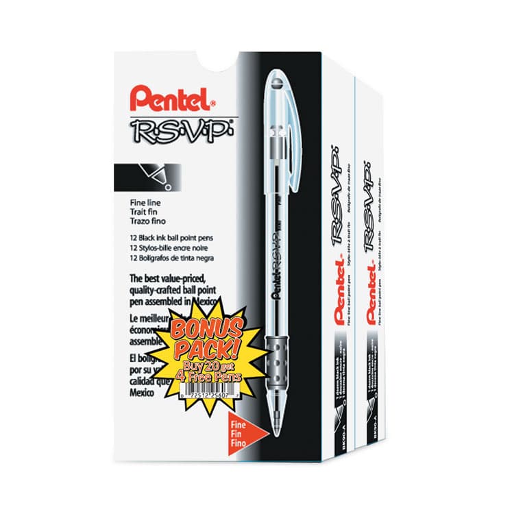 PENTEL OF AMERICA R.S.V.P. Ballpoint Pen Value Pack, Stick, Fine 0.7 mm, Black Ink, Clear/Black Barrel, 24/Pack (PENBK90ASW2) thumbnail 2