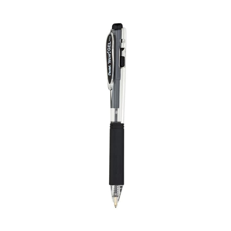 PENTEL OF AMERICA WOW! Gel Pen, Retractable, Medium 0.7 mm, Black Ink, Clear/Black Barrel, 24/Pack (PENK437ASW2)