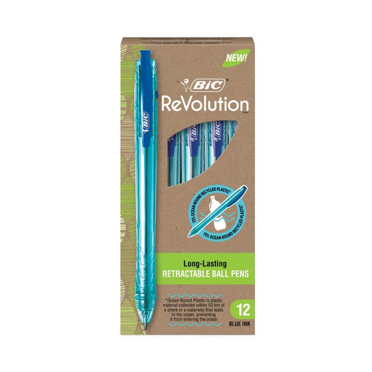 BIC CORP. ReVolution Ocean Bound Ballpoint Pen, Retractable, Medium 1 mm, Blue Ink, Translucent Blue Barrel, Dozen (BICBPRR11BE) thumbnail 2