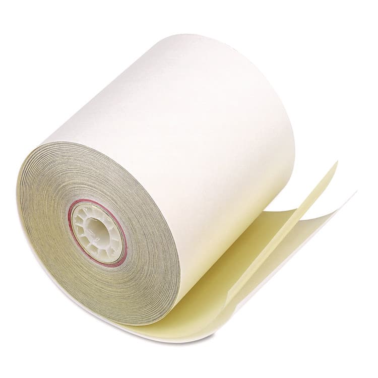 ICONEX Impact Printing Carbonless Paper Rolls with End of Roll Indicator, 3" x 90 ft, White/Canary, 50/Carton (ICX90770047)