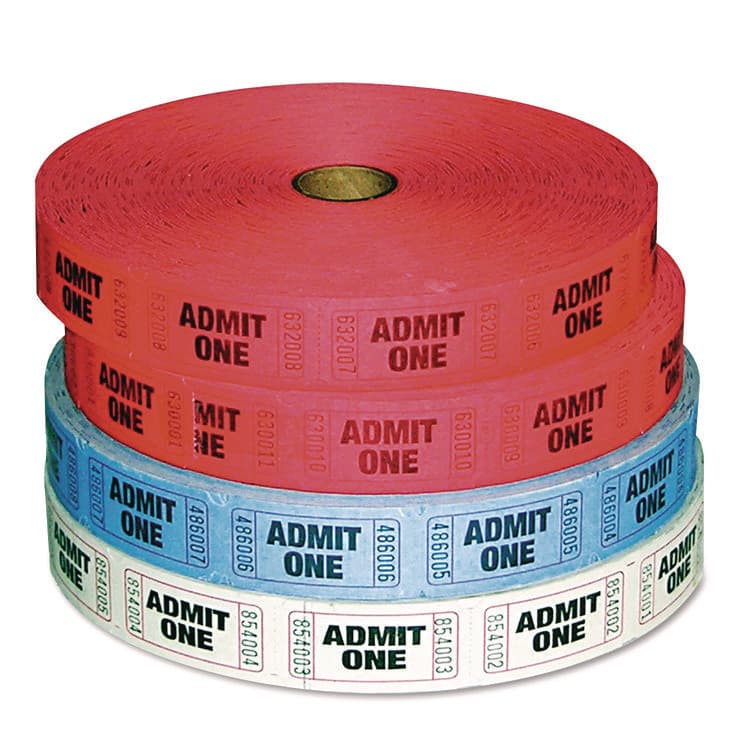 ICONEX Admit-One Ticket Multi-Pack, 2 Red, 1 Blue, 1 White, 2,000/Roll, 4 Rolls/Pack (ICX94190081)