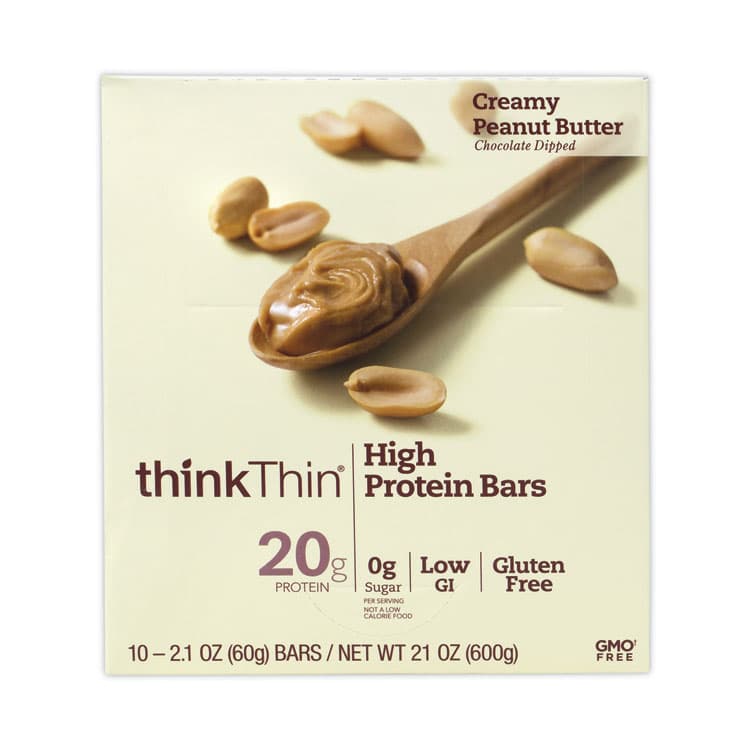 THINK! High Protein Bars, Creamy Peanut Butter, 2.1 oz Bar, 10 Bars/Carton (GRR30700113)