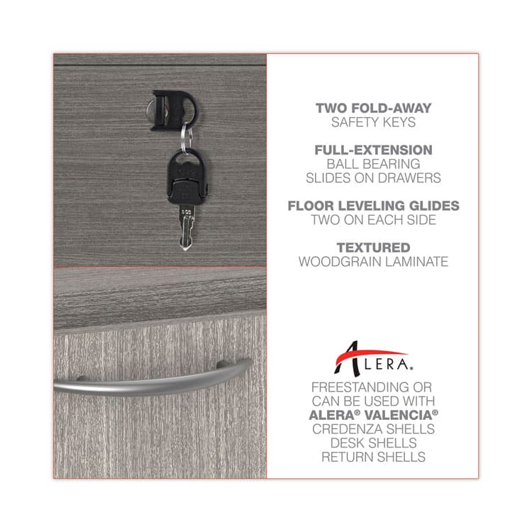 ALERA Alera Valencia Series Full Pedestal File, Left or Right, 2 Legal/Letter-Size File Drawers, Gray, 15.63" x 20.5" x 28.5" (ALEVA542822GY) thumbnail 2