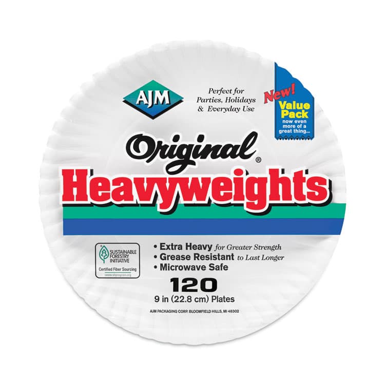 AJM PACKAGING CORP. Original Heavyweights Paper Plates, 9" dia, White, 120/Pack, 8 Packs/Carton (AJMOH9AJBXWH) thumbnail 2
