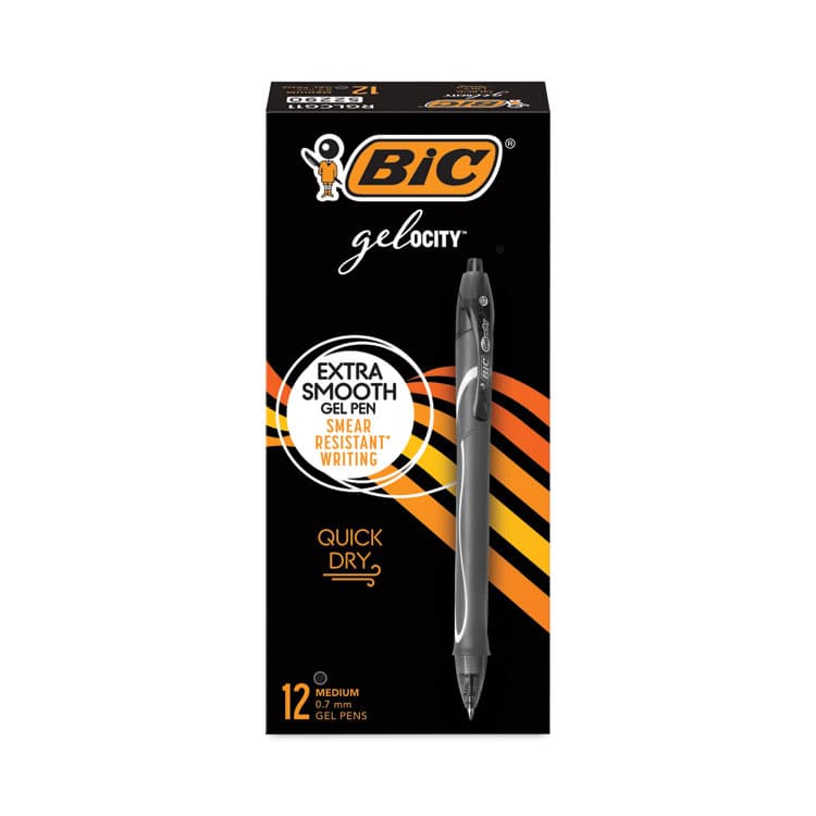 BIC CORP. Gel-ocity Quick Dry Gel Pen, Retractable, Medium 0.7 mm, Black Ink, Black Barrel, Dozen (BICRGLCG11BK)