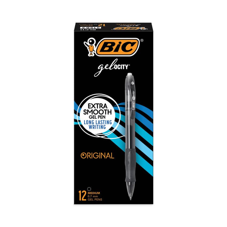 BIC CORP. Gel-ocity Gel Pen, Retractable, Medium 0.7 mm, Black Ink, Translucent Black Barrel, Dozen (BICRLC11BK)