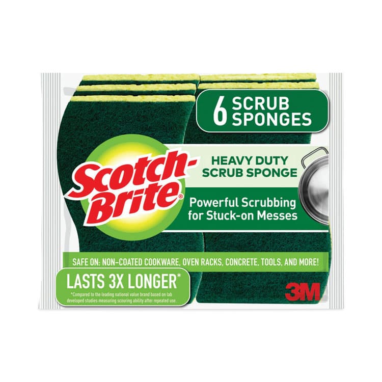 3M/COMMERCIAL TAPE DIV. Heavy-Duty Scrub Sponge, 4.5 x 2.7, 0.6" Thick, Yellow/Green, 6/Pack (MMM426)