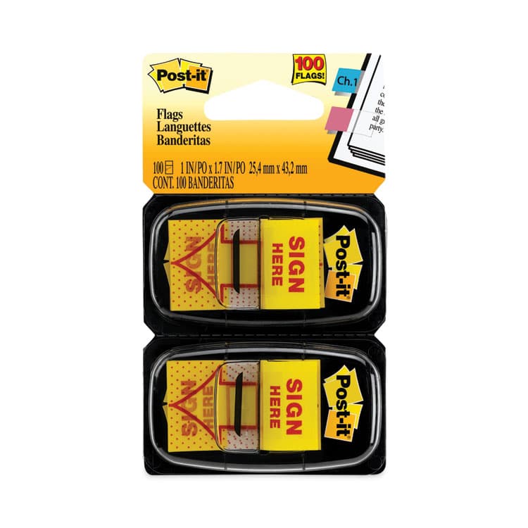 3M/COMMERCIAL TAPE DIV. Arrow Message 1" Page Flags, "Sign Here", Yellow, 50 Flags/Dispenser, 2 Dispensers/Pack (MMM680SH2)
