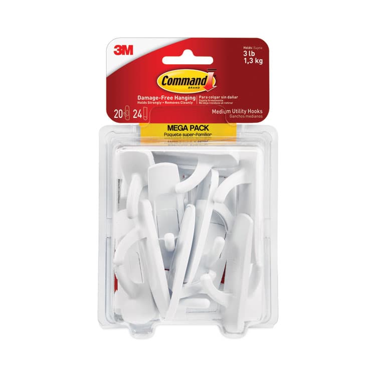 3M/COMMERCIAL TAPE DIV. Medium Utility Hooks, Plastic, White, Supports 3 lb, 20/Pack (MMM17001MPES) thumbnail 2