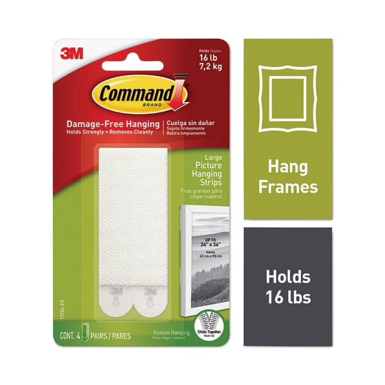 3M/COMMERCIAL TAPE DIV. Damage-Free Hanging Picture Hanging Strip Pairs, Holds Up to 4 lb, Large: 0.75" x 3.65", White, 4/Pack (MMM17206ES) thumbnail 2