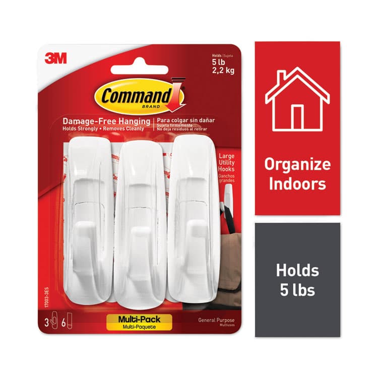 3M/COMMERCIAL TAPE DIV. Large Utility Hooks, Plastic, White, Supports 5 lb, 3/Pack (MMM170033ES)