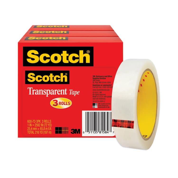 3M/COMMERCIAL TAPE DIV. Transparent Tape, 3" Core, 1" x 72 yds, 3/Pack (MMM600723PK) thumbnail 4