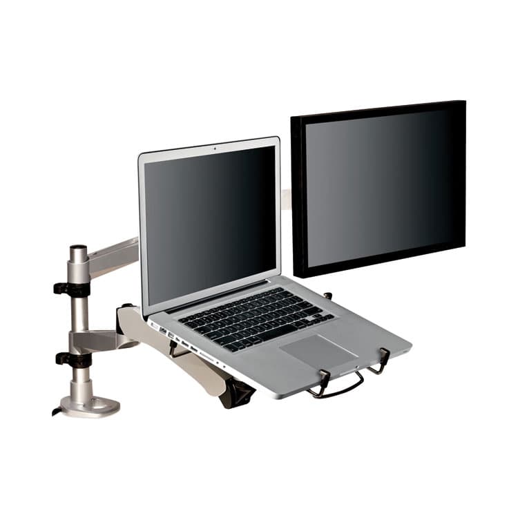 3M/COMMERCIAL TAPE DIV. Easy-Adjust Desk Dual Arm Mount for 27" Monitors, 360 deg Rotation, +90/-15 deg Tilt, 360 deg Pan, Silver, Supports 20 lb (MMMMA265S) thumbnail 4