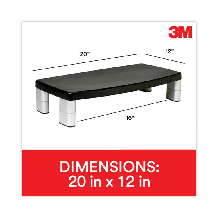 3M/COMMERCIAL TAPE DIV. Extra-Wide Adjustable Monitor Stand, 20" x 12" x 1" to 5.78", Silver/Black, Supports 40 lbs (MMMMS90B) thumbnail 2