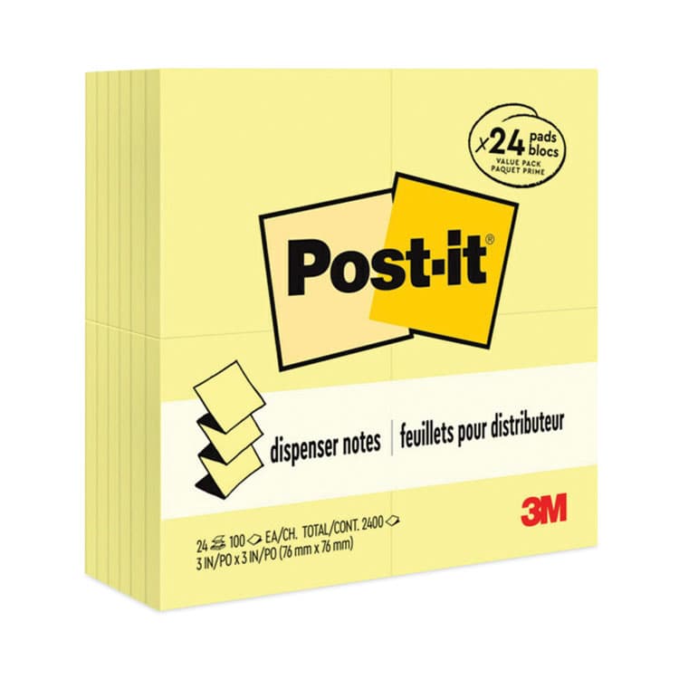3M/COMMERCIAL TAPE DIV. Original Canary Yellow Pop-up Refill Value Pack, 3" x 3", Canary Yellow, 100 Sheets/Pad, 24 Pads/Pack (MMMR33024VAD)
