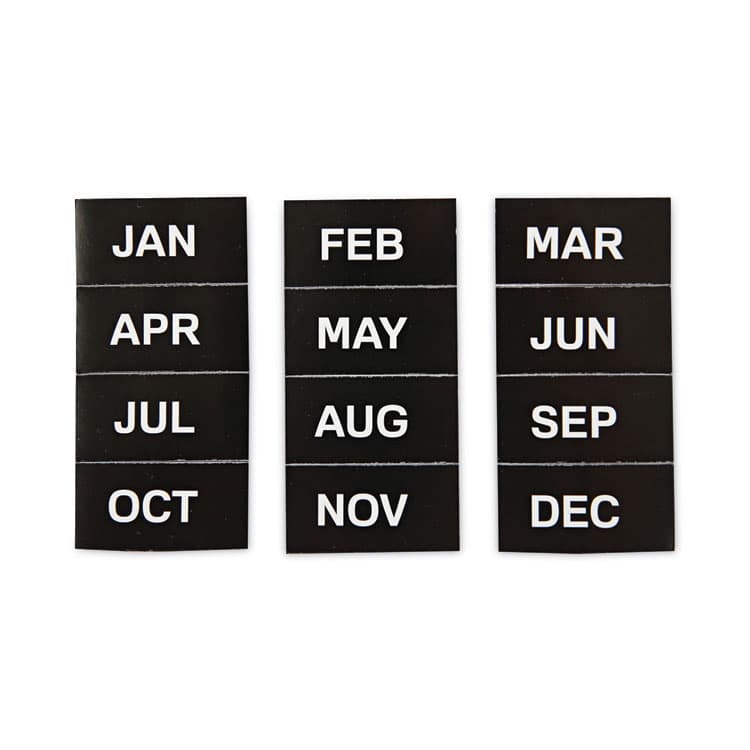 BI-SILQUE VISUAL COMMUNICATION PRODUCTS Heavy-Duty Board Magnet Labels, Months of the Year (January-December), 1" Tall, White Characters, Black Background, 12/Pack (BVCFM1108)