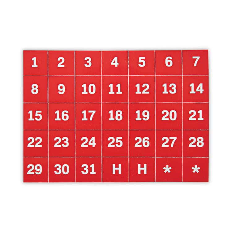 BI-SILQUE VISUAL COMMUNICATION PRODUCTS Heavy-Duty Board Magnet Labels, Calendar Dates (1-31), 1" Tall, White Characters, Red Background, 35/Pack (BVCFM1209)