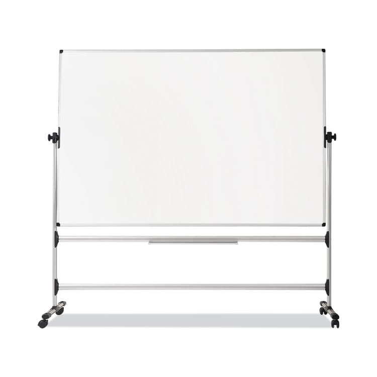 BI-SILQUE VISUAL COMMUNICATION PRODUCTS Earth Silver Easy Clean Mobile Revolver Dry Erase Boards, 48" x 70", White Surface, Natural Steel Frame (BVCRQR0521)