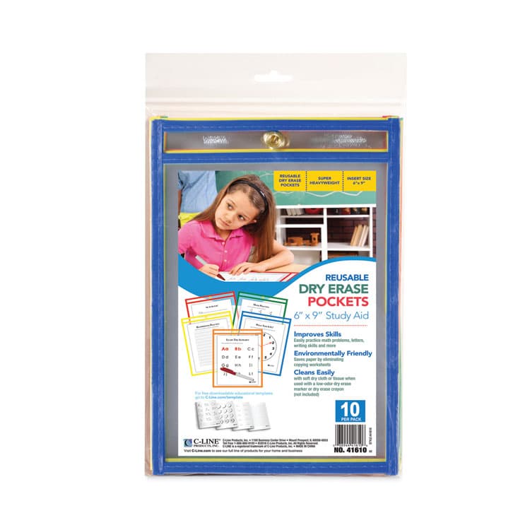 C-LINE PRODUCTS, Reusable Dry Erase Pockets, Super Heavy-Duty, Top Load 6 x 9 Insert, Clear Front, Assorted Border Colors, 10/Pack (CLI41610) thumbnail 3