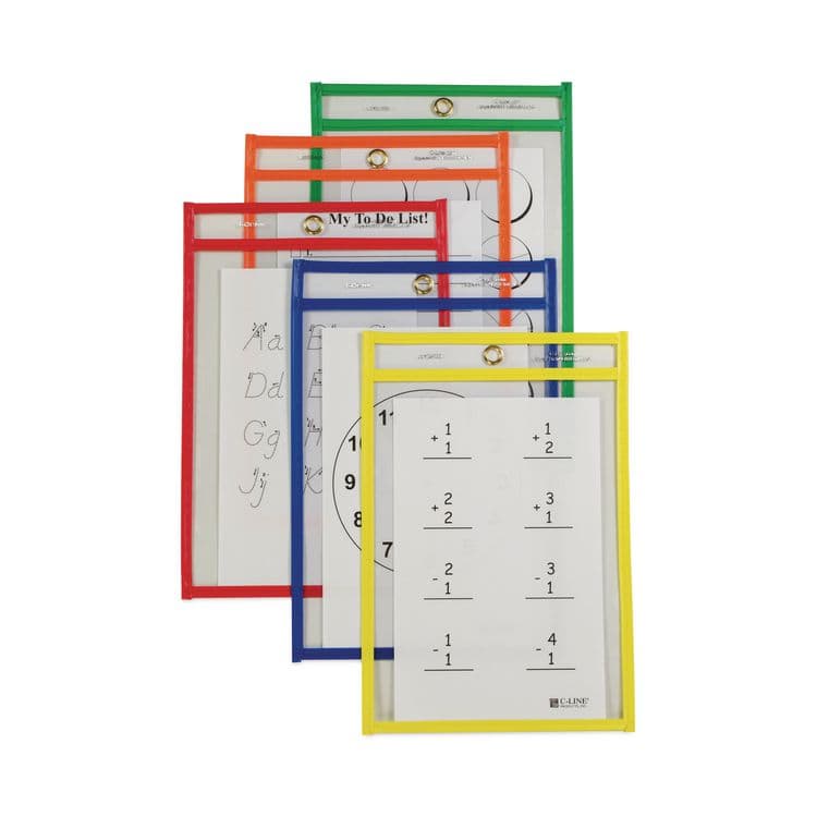 C-LINE PRODUCTS, Reusable Dry Erase Pockets, Super Heavy-Duty, Top Load 6 x 9 Insert, Clear Front, Assorted Border Colors, 10/Pack (CLI41610) thumbnail 4