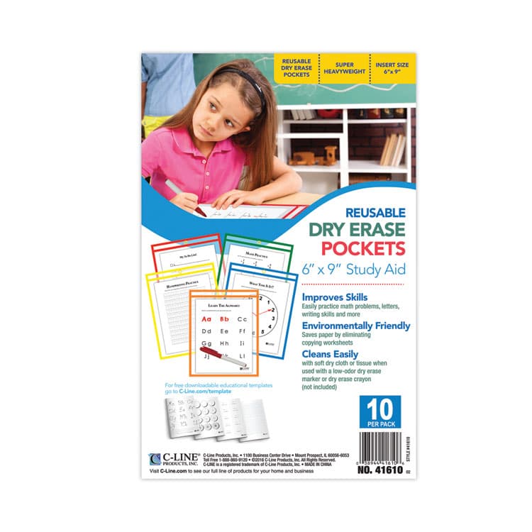 C-LINE PRODUCTS, Reusable Dry Erase Pockets, Super Heavy-Duty, Top Load 6 x 9 Insert, Clear Front, Assorted Border Colors, 10/Pack (CLI41610) thumbnail 2