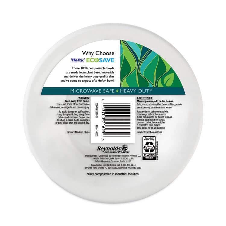 REYNOLDS FOOD PACKAGING ECOSAVE Tableware, Plate, Sugarcane, 6.75" dia, White, 30/Pack (RFPD77300PK) thumbnail 4