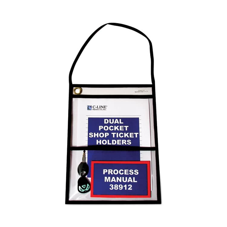 C-LINE PRODUCTS, Stitched Shop Ticket Holders, 22" Hang Strap, Super Heavy-Duty, 9 x 6 and 9 x 12 Inserts, Clear Front, Black Border, 15/Box (CLI38912)