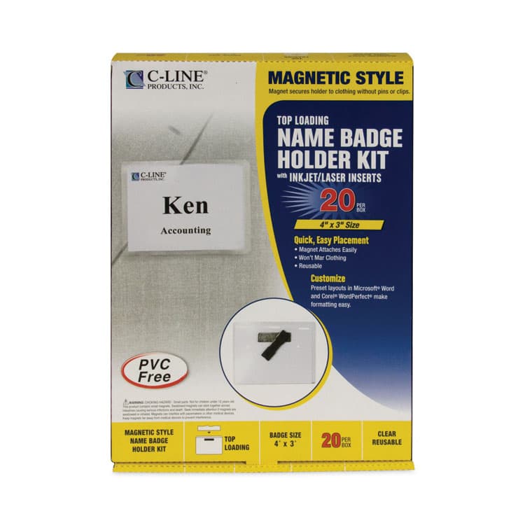 C-LINE PRODUCTS, Magnetic Name Badge Holder Kit, Horizontal, 4w x 3h, Clear, 20/Box (CLI92943) thumbnail 3