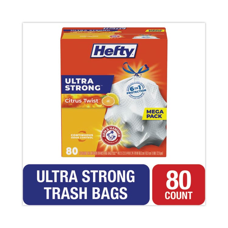 REYNOLDS FOOD PACKAGING Extra Heavy-Duty Ultra Strong Scented Tall Kitchen Bags, Drawstring, 13 gal, Citrus Twist, 23.75" x 24.88", White, 80/Box (PCTE88354)