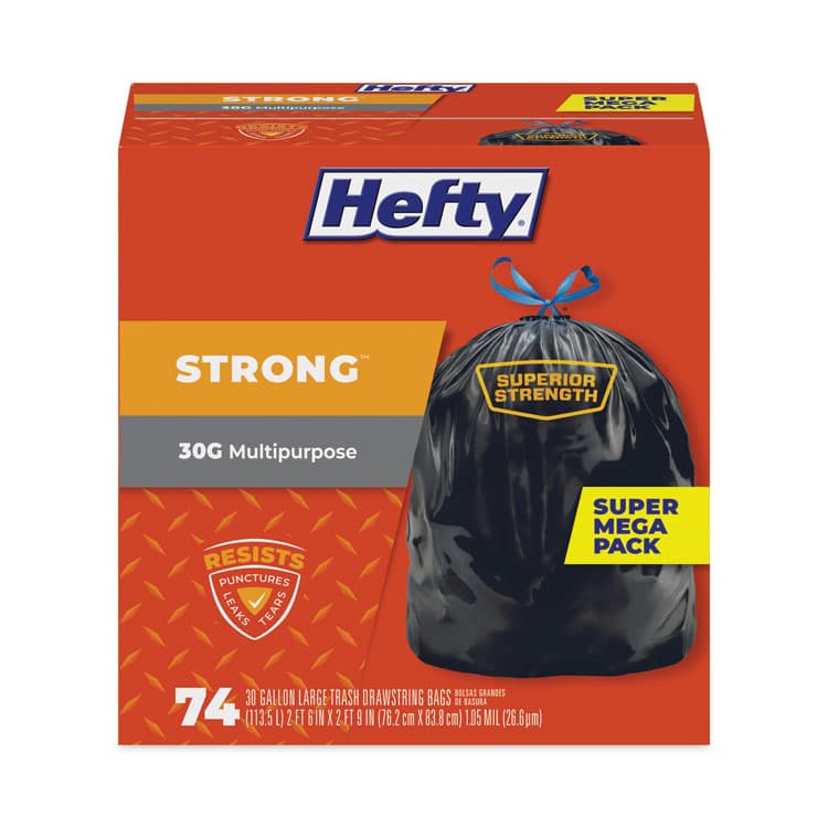 REYNOLDS FOOD PACKAGING Strong Multipurpose Drawstring Trash Bags, 30 gal, 1.1 mil, 30" x 33", Black, 74/Box (PCTE85274)