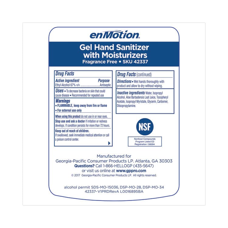 GEORGIA PACIFIC enMotion Gen2 E3-Rated Gel Sanitizer Dispenser Refill, 1,000 mL Bottle, Fragrance-Free, 2/Carton (GPC42337) thumbnail 4