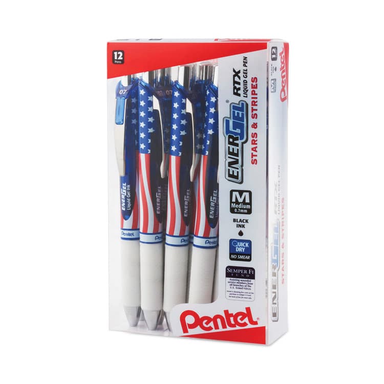 PENTEL OF AMERICA EnerGel RTX Stars and Stripes Gel Pen, Retractable, Medium 0.7 mm, Black Ink, Red/White/Blue Barrel, Dozen (PENBL77USAA)