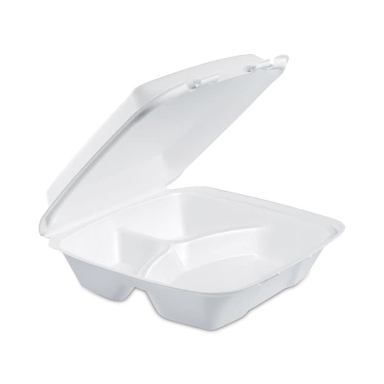DART Foam Hinged Lid Container, 3 Compartments, 8 oz, 9 x 9.4 x 3, White, 100/Sleeve, 2 Sleeves/Carton (DCC90HT3R) thumbnail 2