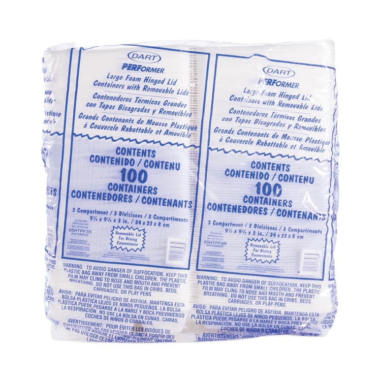 DART Foam Hinged Lid Container, 3 Compartments, 9.3 x 9.5 x 3, White, 100/Bag, 2 Bag/Carton (DCC95HTPF3R) thumbnail 3