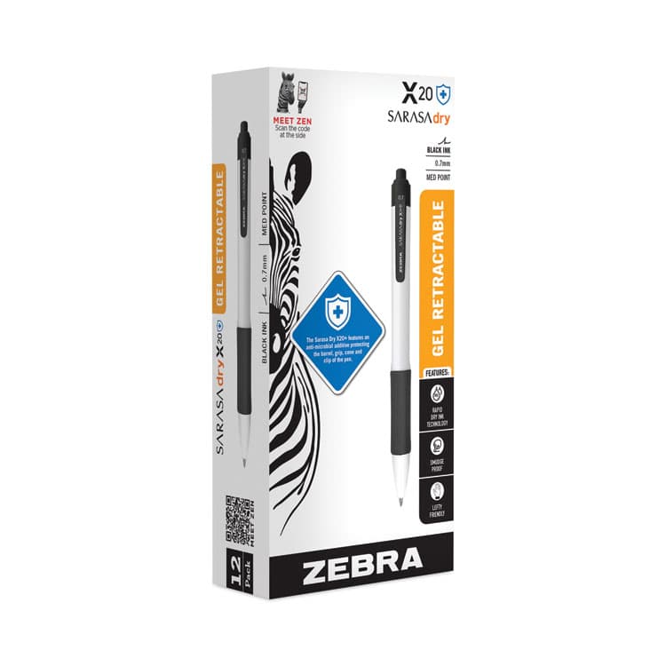 ZEBRA PEN CORP. Sarasa Dry X20+ Gel Pen with Antimicrobial Product Protection, Retractable, Fine 0.7 mm, Black Ink, White/Black Barrel, Dozen (ZEB41610) thumbnail 2