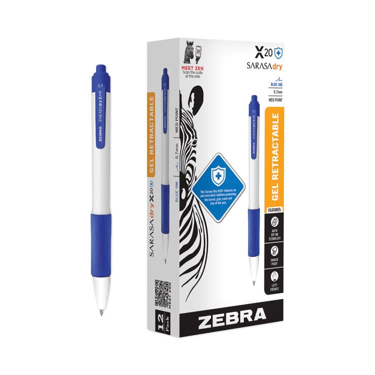 ZEBRA PEN CORP. Sarasa Dry X20+ Gel Pen with Antimicrobial Product Protection, Retractable, Fine 0.7 mm, Blue Ink, White/Blue Barrel, Dozen (ZEB41620) thumbnail 3