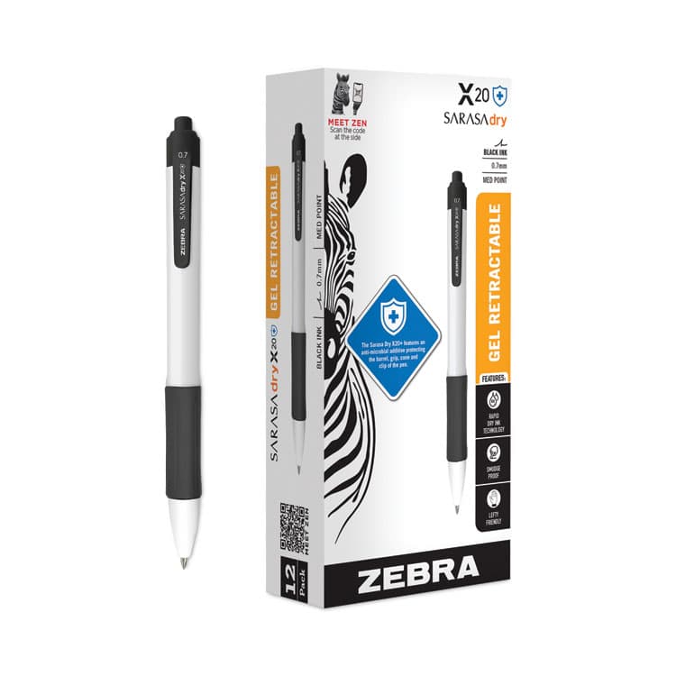 ZEBRA PEN CORP. Sarasa Dry X20+ Gel Pen with Antimicrobial Product Protection, Retractable, Fine 0.7 mm, Black Ink, White/Black Barrel, Dozen (ZEB41610) thumbnail 3