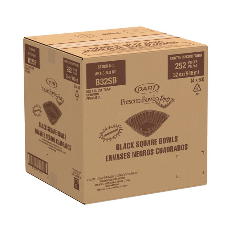 DART PresentaBowls Pro Black Square Bowls, 32 oz, 8.5 x 8.5 x 2, Plastic, 63/Bag, 4 Bags/Carton (DCCB32SB) thumbnail 2