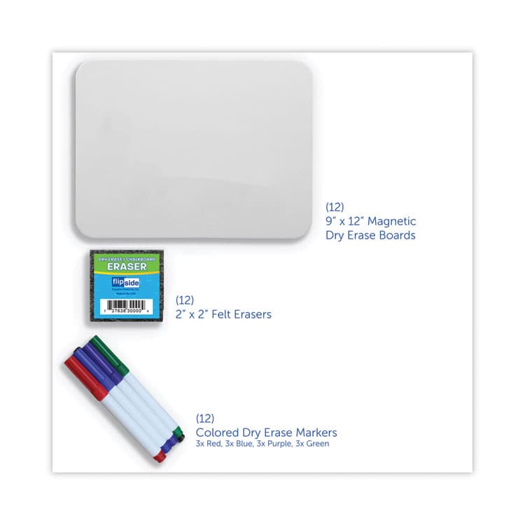 FLIPSIDE PRODUCTS Magnetic Dry Erase Board Set with Assorted Color Markers, 12" x 9", White Surface, 12/Pack (FLP31004) thumbnail 2